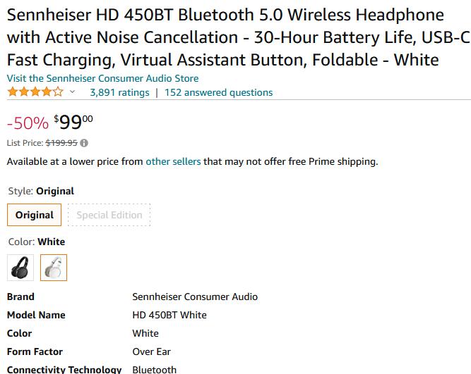 Sennheiser HD 458BT 主動降噪 無線耳機 海淘折後$99